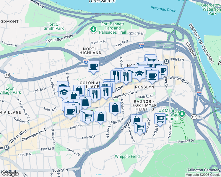 map of restaurants, bars, coffee shops, grocery stores, and more near 101 Independence Avenue Southeast in Washington