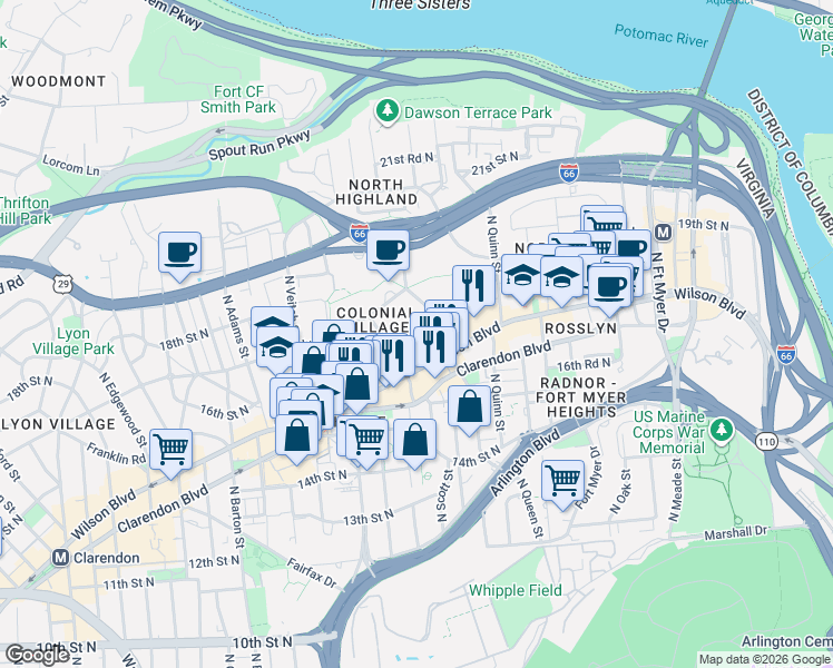 map of restaurants, bars, coffee shops, grocery stores, and more near 101 Independence Avenue Southeast in Washington