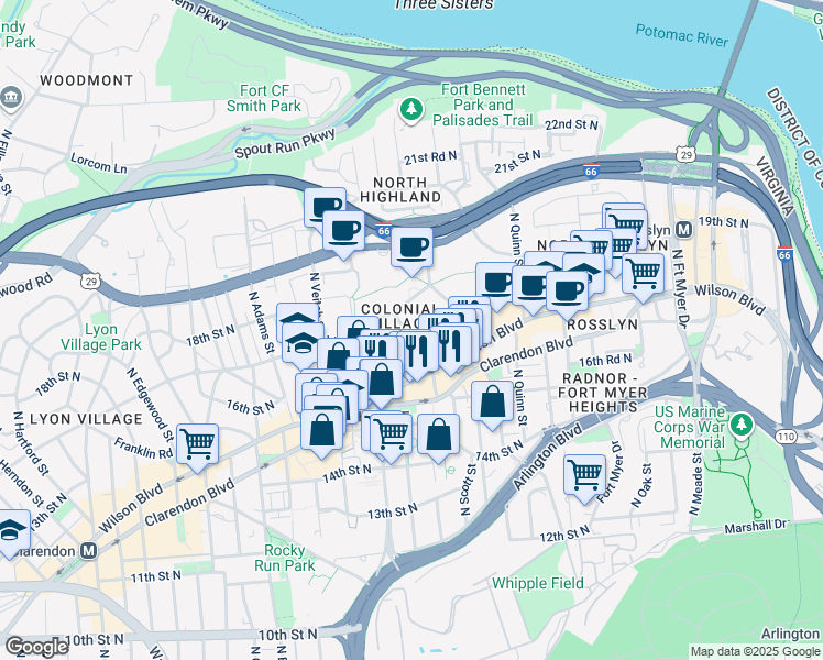 map of restaurants, bars, coffee shops, grocery stores, and more near 101 Independence Avenue Southeast in Washington