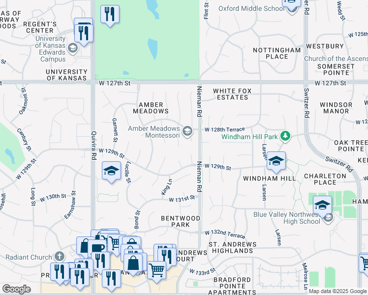 map of restaurants, bars, coffee shops, grocery stores, and more near 12845 King Street in Overland Park