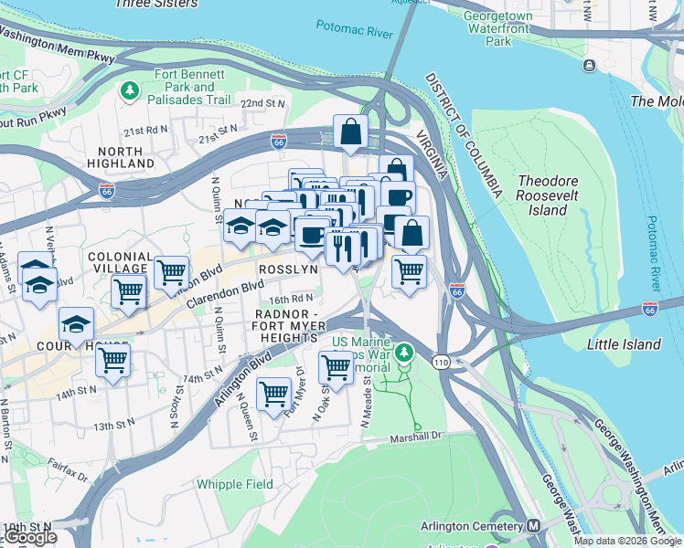 map of restaurants, bars, coffee shops, grocery stores, and more near 1300 17th Street North in Arlington