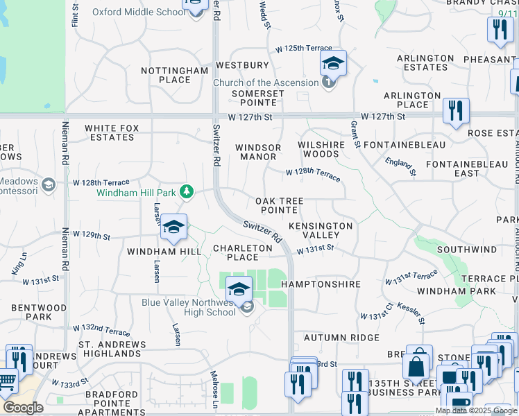 map of restaurants, bars, coffee shops, grocery stores, and more near 12914 Wedd Street in Overland Park