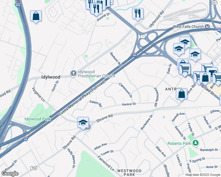 map of restaurants, bars, coffee shops, grocery stores, and more near 2405 Lexington Road in Falls Church