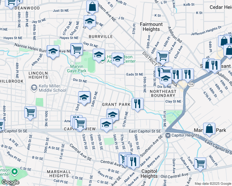 map of restaurants, bars, coffee shops, grocery stores, and more near 5611 Clay Place Northeast in Washington