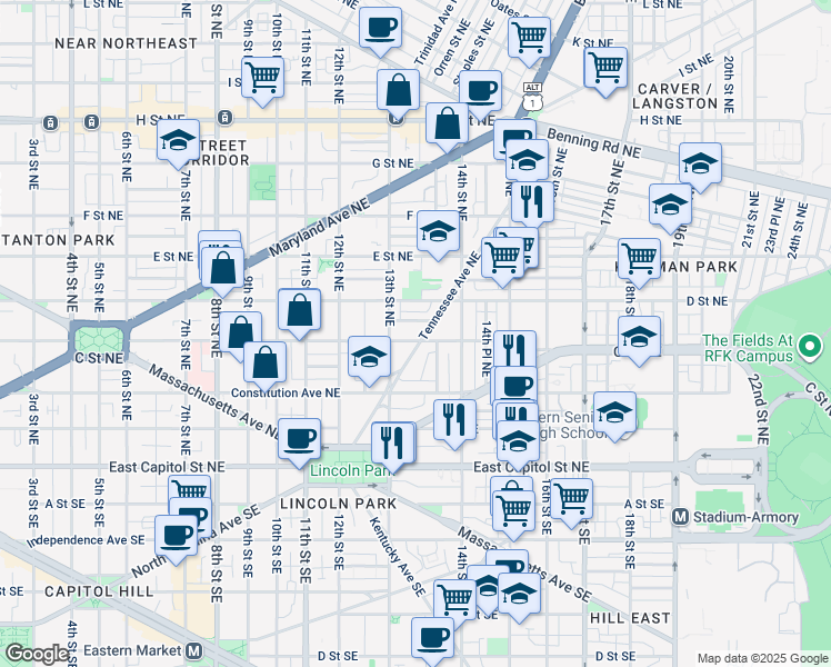 map of restaurants, bars, coffee shops, grocery stores, and more near 302 Tennessee Avenue Northeast in Washington