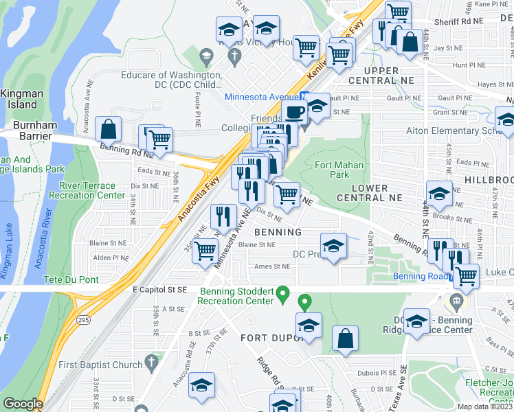 map of restaurants, bars, coffee shops, grocery stores, and more near 3917 Minnesota Avenue Northeast in Washington