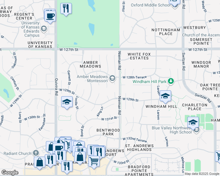 map of restaurants, bars, coffee shops, grocery stores, and more near 12845 King Street in Overland Park