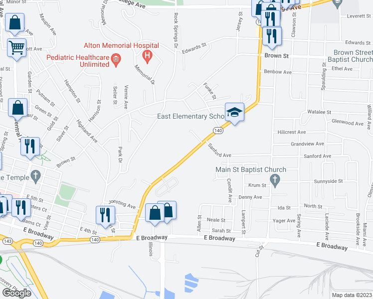 map of restaurants, bars, coffee shops, grocery stores, and more near 832 Washington Avenue in Alton