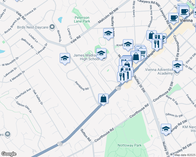 map of restaurants, bars, coffee shops, grocery stores, and more near 2501 Glengyle Drive in Vienna