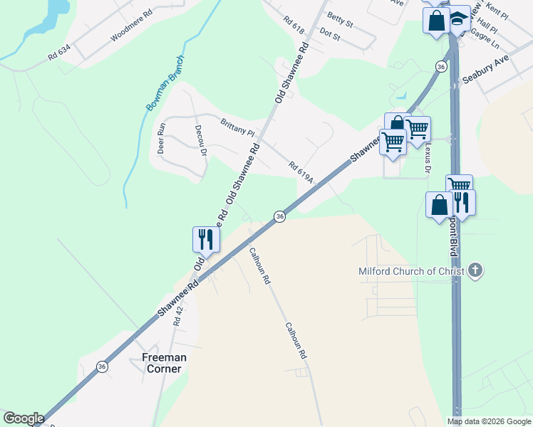 map of restaurants, bars, coffee shops, grocery stores, and more near 6880 Delaware 36 in Milford