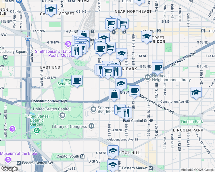 map of restaurants, bars, coffee shops, grocery stores, and more near 101 Independence Avenue Southeast in Washington