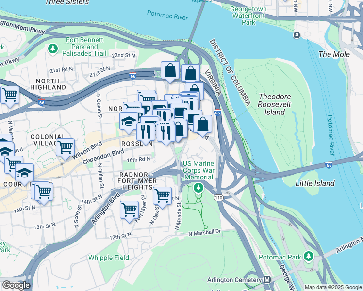 map of restaurants, bars, coffee shops, grocery stores, and more near 1655 North Fort Myer Drive in Arlington