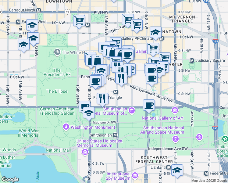 map of restaurants, bars, coffee shops, grocery stores, and more near 1200 Pennsylvania Avenue Northwest in Washington
