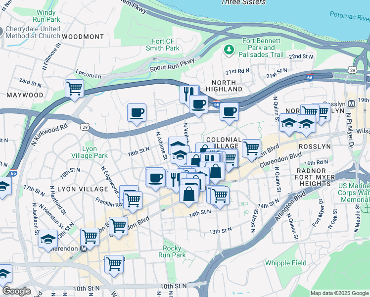 map of restaurants, bars, coffee shops, grocery stores, and more near 1712 North Veitch Street in Arlington
