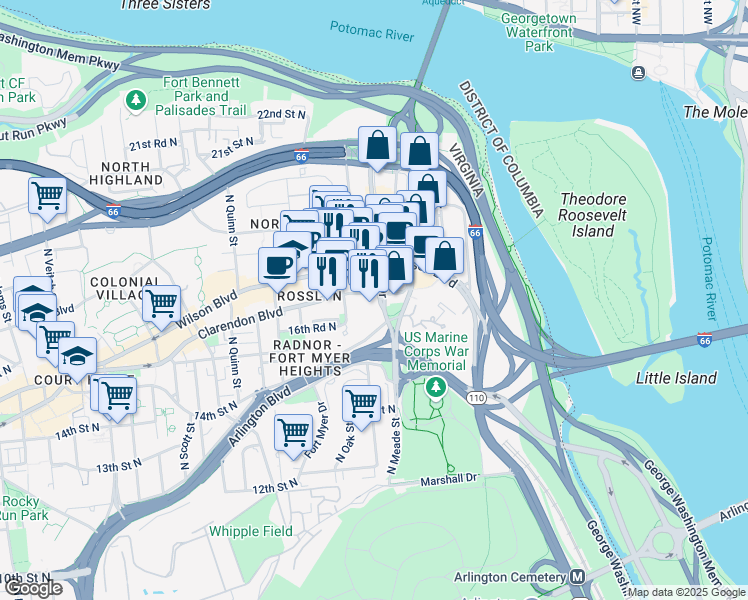map of restaurants, bars, coffee shops, grocery stores, and more near 101 Independence Avenue Southeast in Washington