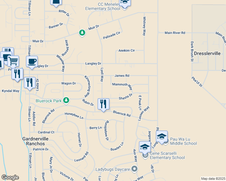 map of restaurants, bars, coffee shops, grocery stores, and more near 757 Harley Court in Gardnerville