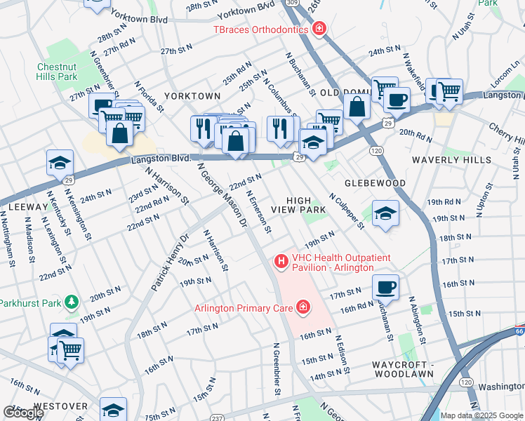 map of restaurants, bars, coffee shops, grocery stores, and more near 2017 North Emerson Street in Arlington