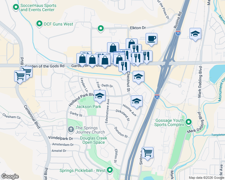 map of restaurants, bars, coffee shops, grocery stores, and more near 817 Delft Drive in Colorado Springs