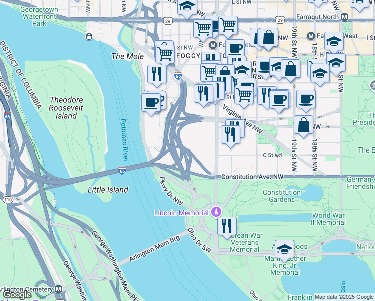 map of restaurants, bars, coffee shops, grocery stores, and more near 2301 Constitution Avenue Northwest in Washington