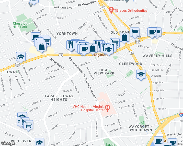 map of restaurants, bars, coffee shops, grocery stores, and more near 2017 North Emerson Street in Arlington