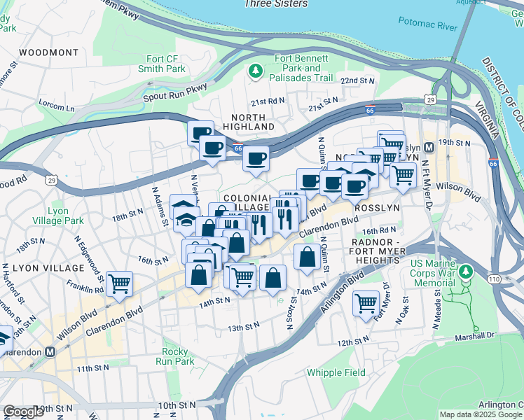 map of restaurants, bars, coffee shops, grocery stores, and more near 101 Independence Avenue Southeast in Washington