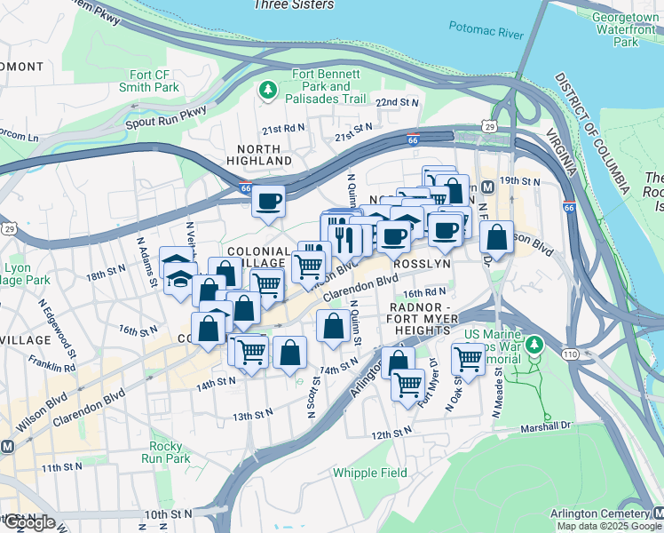 map of restaurants, bars, coffee shops, grocery stores, and more near 1721 Queens Lane in Arlington