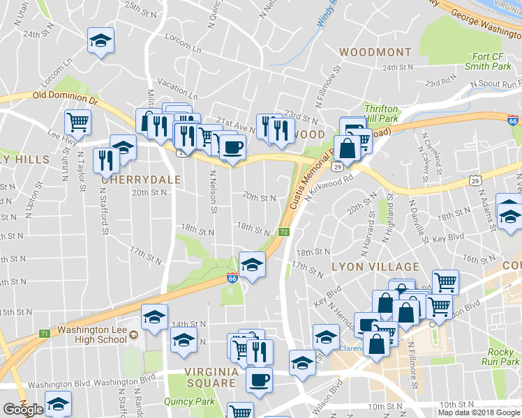 map of restaurants, bars, coffee shops, grocery stores, and more near 1900 North Kenmore Street in Arlington
