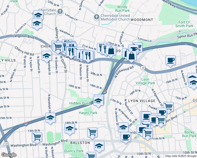 map of restaurants, bars, coffee shops, grocery stores, and more near 1900 North Kenmore Street in Arlington