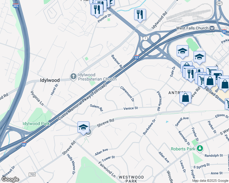 map of restaurants, bars, coffee shops, grocery stores, and more near 2403 Lexington Road in Falls Church