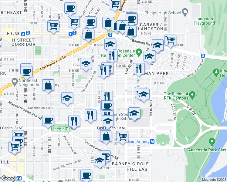 map of restaurants, bars, coffee shops, grocery stores, and more near 316 16th Street Northeast in Washington
