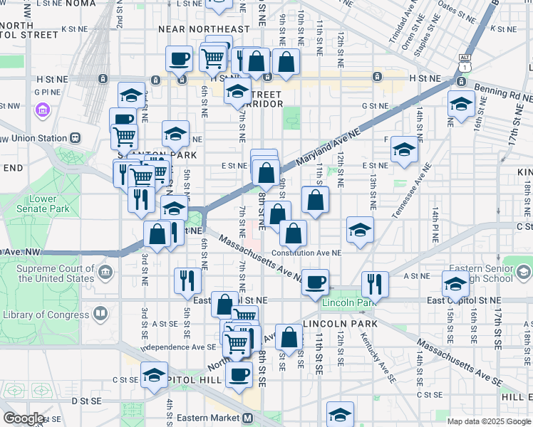 map of restaurants, bars, coffee shops, grocery stores, and more near 101 Independence Avenue Southeast in Washington
