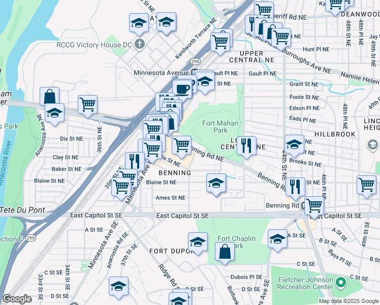 map of restaurants, bars, coffee shops, grocery stores, and more near 3917 Benning Road Northeast in Washington