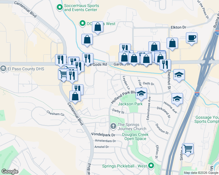 map of restaurants, bars, coffee shops, grocery stores, and more near 4224 Forrest Hill Road in Colorado Springs