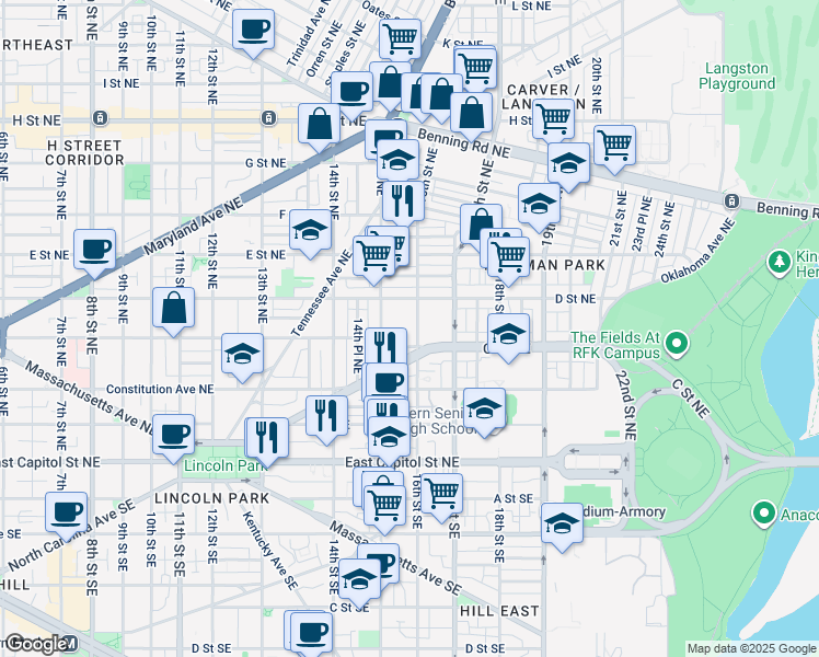 map of restaurants, bars, coffee shops, grocery stores, and more near 316 16th Street Northeast in Washington