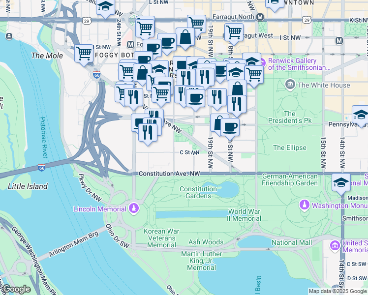 map of restaurants, bars, coffee shops, grocery stores, and more near 2001 C Street Northwest in Washington