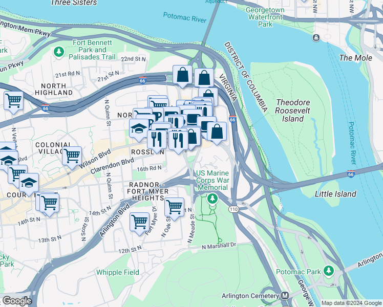 map of restaurants, bars, coffee shops, grocery stores, and more near 1655 North Fort Myer Drive in Arlington