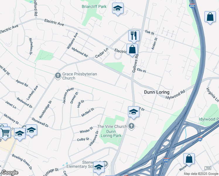 map of restaurants, bars, coffee shops, grocery stores, and more near 8205 Westchester Drive in Vienna