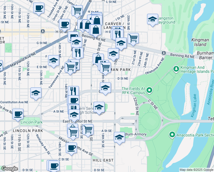 map of restaurants, bars, coffee shops, grocery stores, and more near 101 Independence Avenue Southeast in Washington