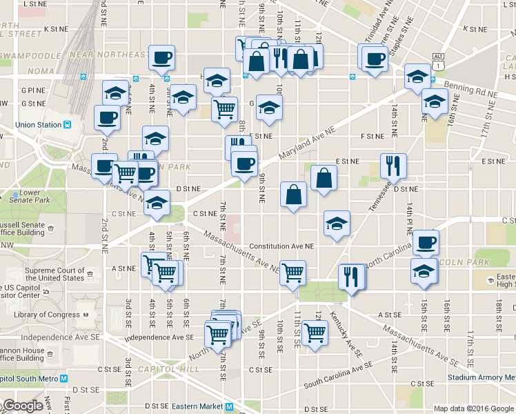 map of restaurants, bars, coffee shops, grocery stores, and more near 101 Independence Avenue Southeast in Washington