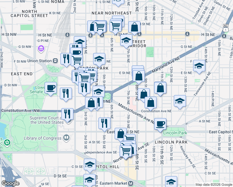 map of restaurants, bars, coffee shops, grocery stores, and more near 101 Independence Avenue Southeast in Washington
