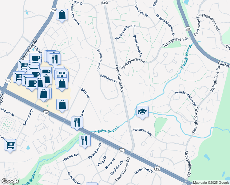 map of restaurants, bars, coffee shops, grocery stores, and more near 16303 Bromall Court in Chantilly