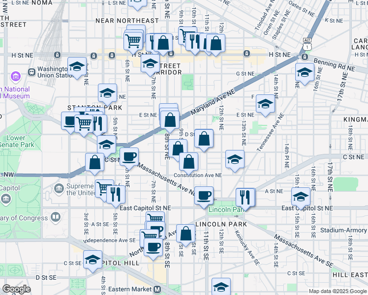 map of restaurants, bars, coffee shops, grocery stores, and more near 309 9th Street Northeast in Washington