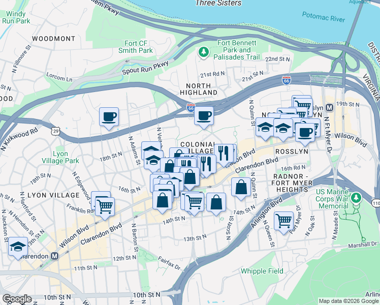 map of restaurants, bars, coffee shops, grocery stores, and more near 101 Independence Avenue Southeast in Washington