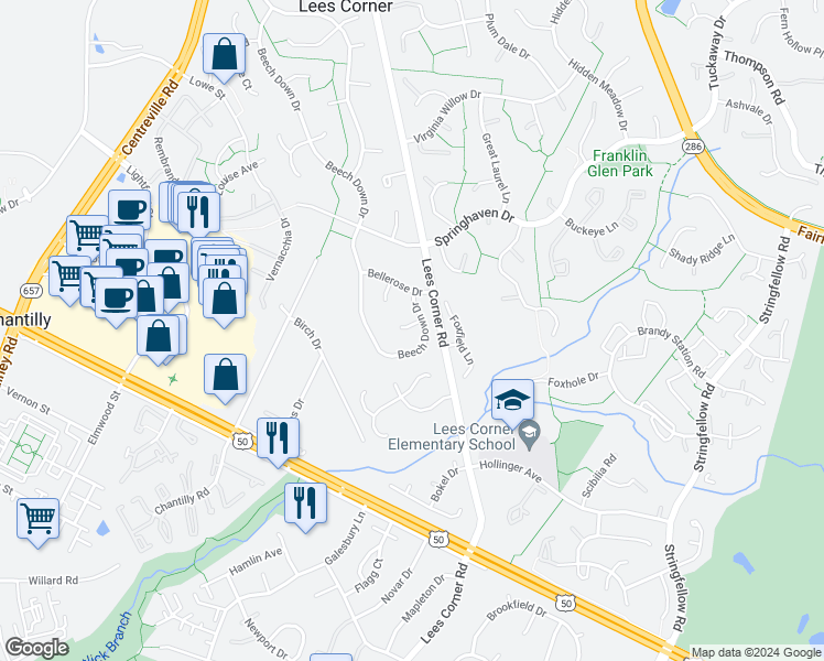 map of restaurants, bars, coffee shops, grocery stores, and more near 16303 Bromall Court in Chantilly