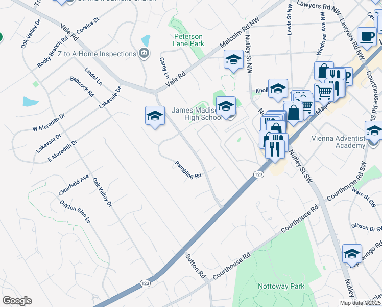 map of restaurants, bars, coffee shops, grocery stores, and more near 2516 Flint Hill Road in Vienna