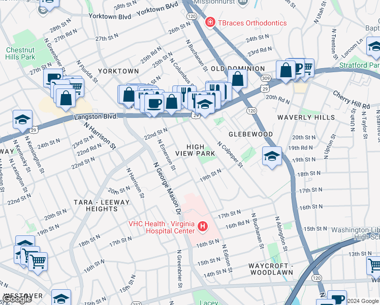 map of restaurants, bars, coffee shops, grocery stores, and more near 5005 20th Street North in Arlington