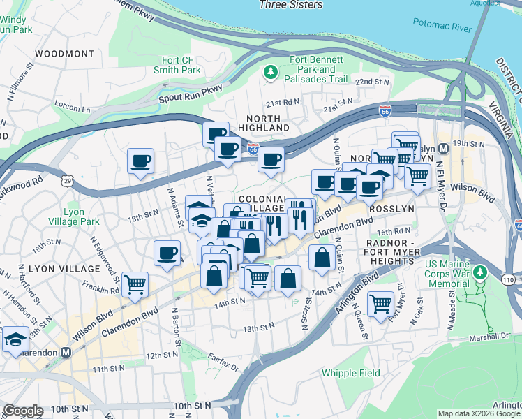 map of restaurants, bars, coffee shops, grocery stores, and more near 101 Independence Avenue Southeast in Washington