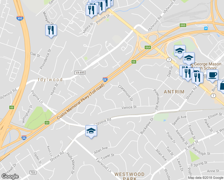 map of restaurants, bars, coffee shops, grocery stores, and more near 2403 Lexington Road in Falls Church