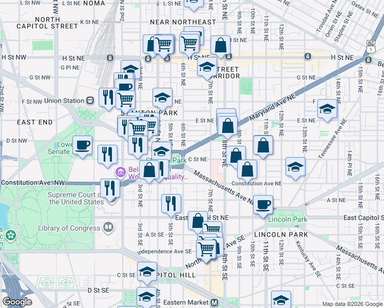map of restaurants, bars, coffee shops, grocery stores, and more near 101 Independence Avenue Southeast in Washington