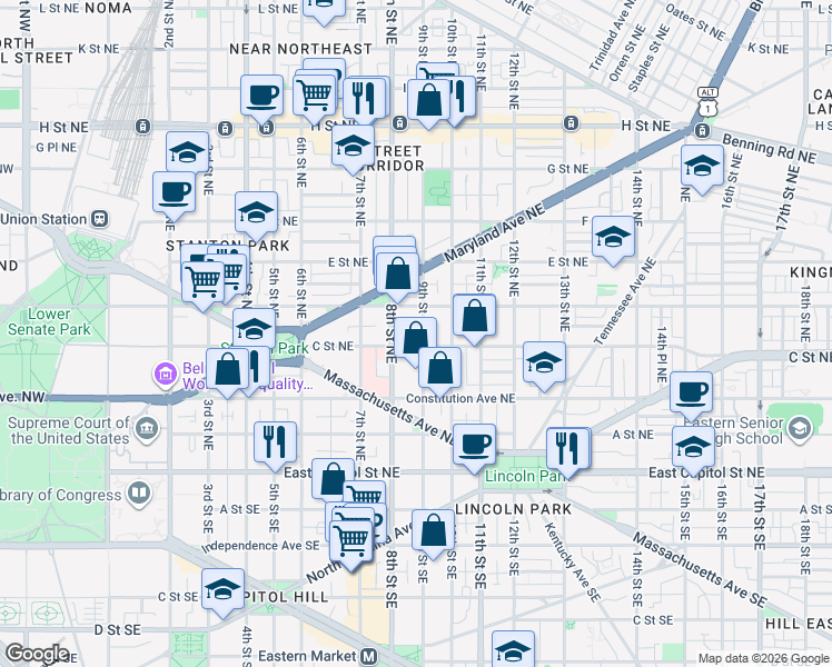 map of restaurants, bars, coffee shops, grocery stores, and more near 101 Independence Avenue Southeast in Washington